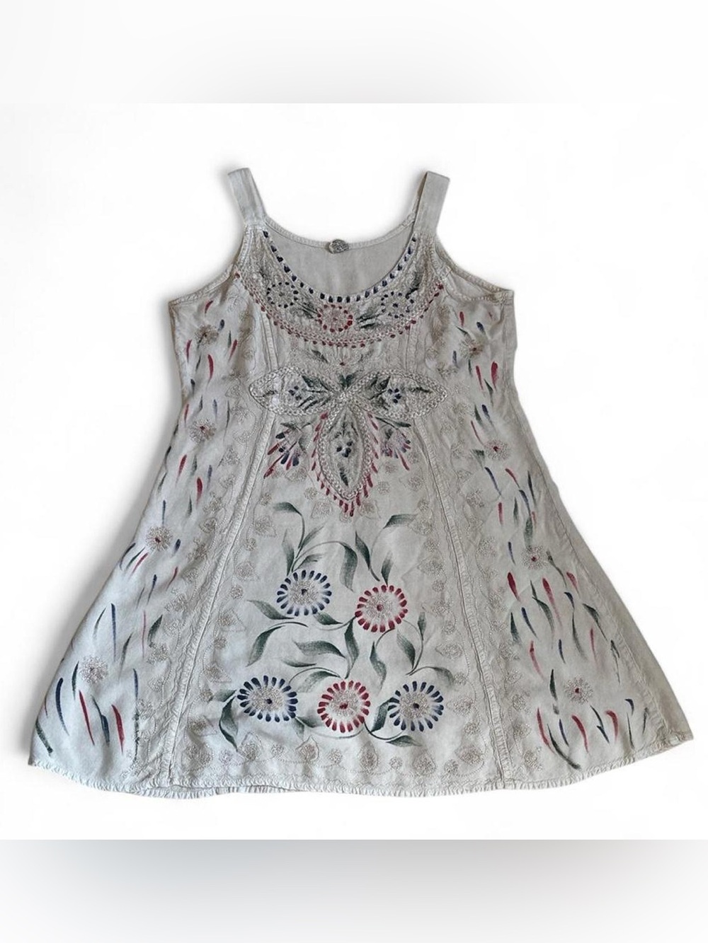 Shore-Line Embroidered & Painted Beige Tank Mini Dress - OS (see measurements)